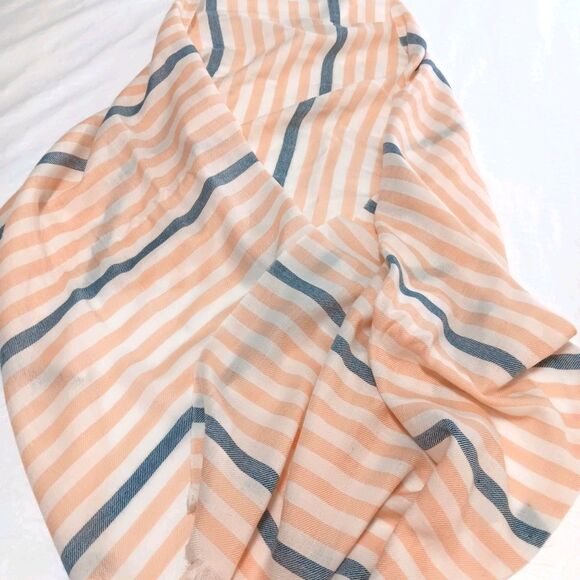 J Crew 100% Wool Scarf Striped Peach White Blue - Picture 4 of 11